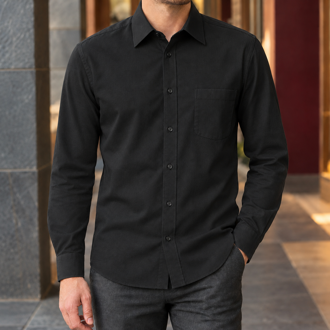 Alfred-Grey Cotton Blend Shirt - Black