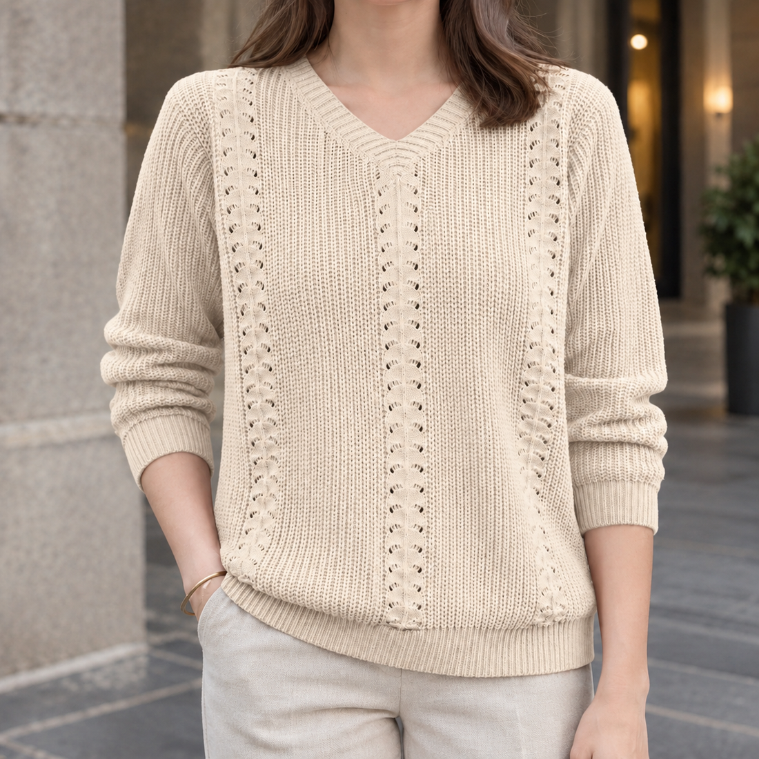 Briony-Pearl V Neck Sweater - Apricot