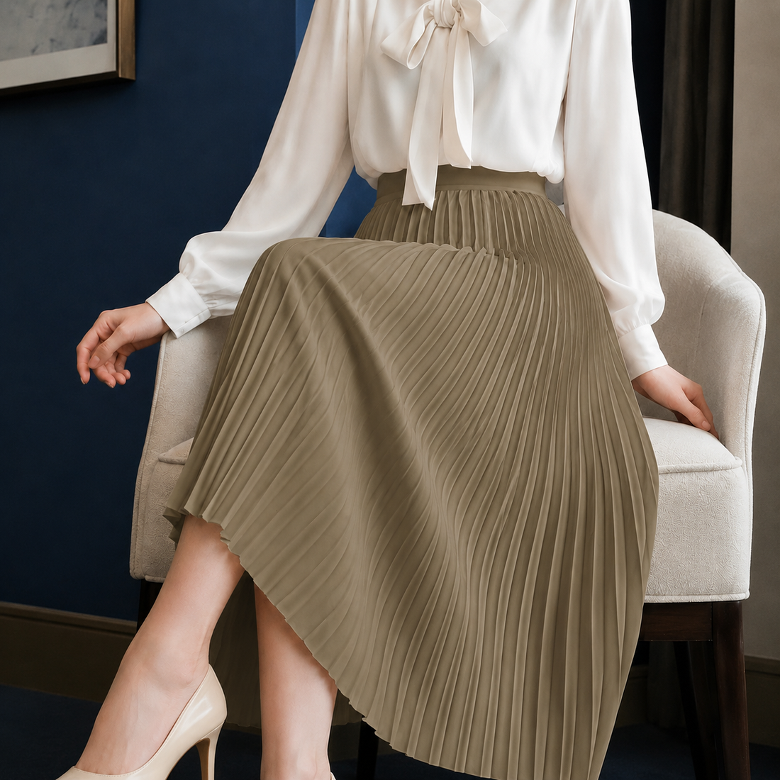 Aurelia Pleated Midi Skirt - Khaki