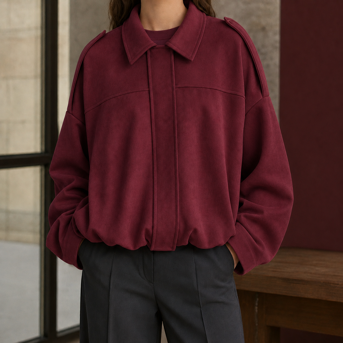 Cecilia-Sage Suede Bomber Jacket - Burgundy