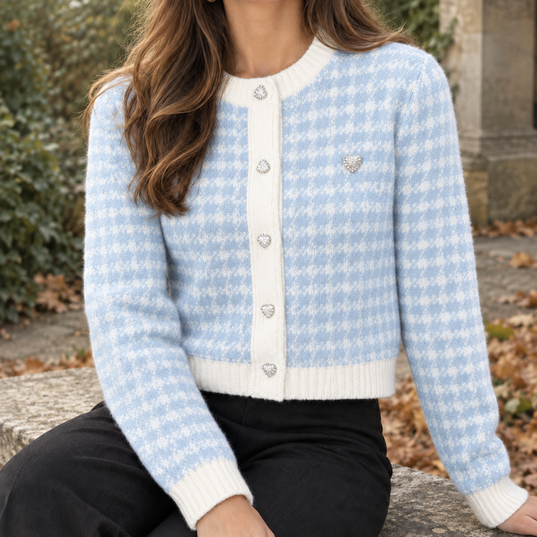Alina-Rose Houndstooth Cardigan - Light Blue
