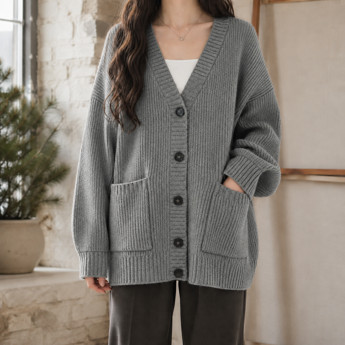 Hildegarde-Elise Ribbed Cardigan - Gray