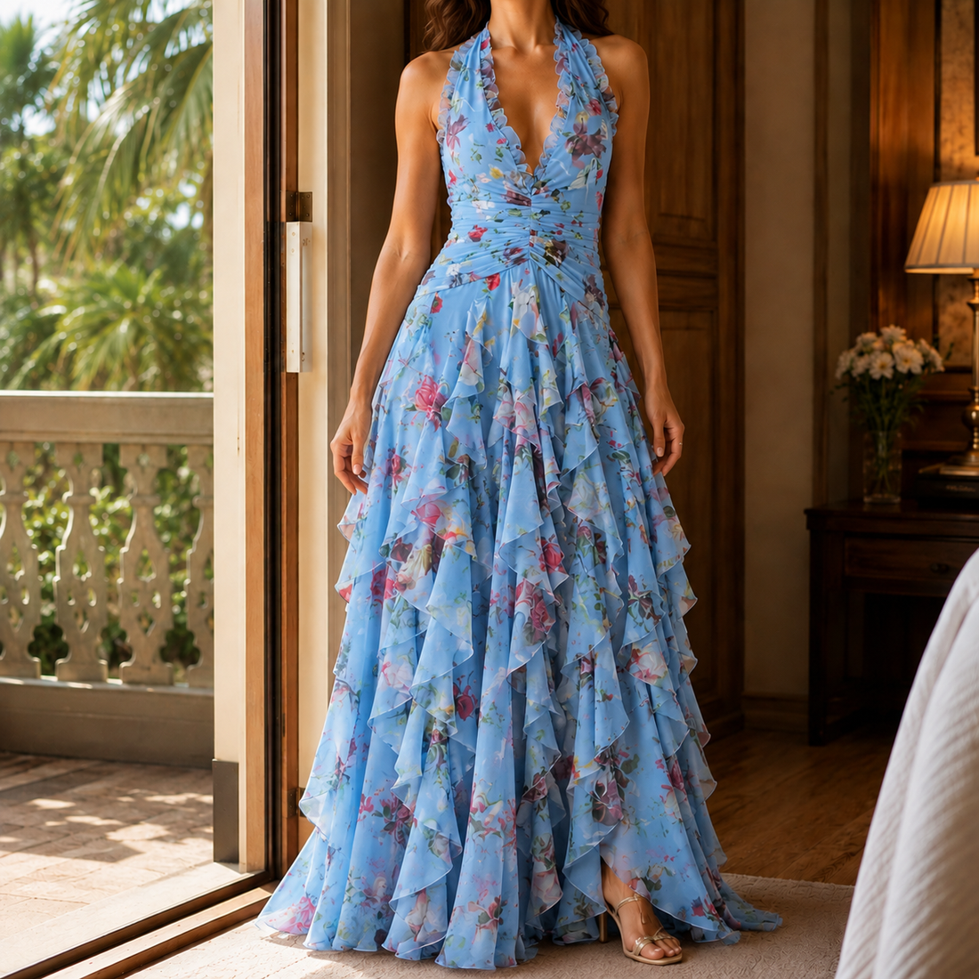 Adriana Ruffle Maxi Dress - Blue