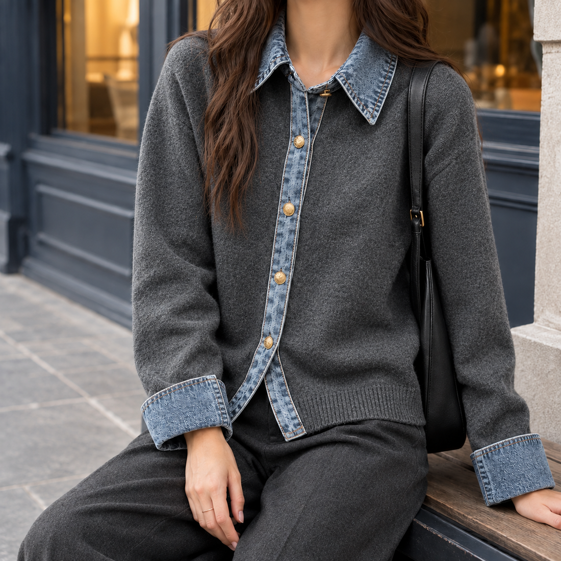 Azalea-Elise Denim Trim Cardigan - Dark Gray