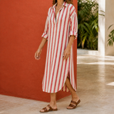 Sabine Striped Shirt Dress - Red