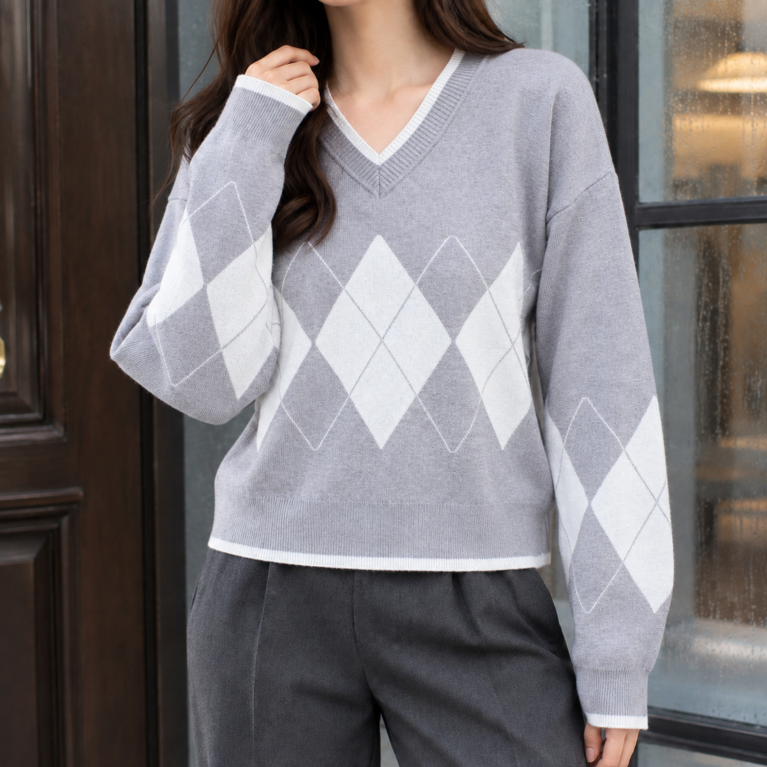 Eugenie Argyle Sweater - Light Gray