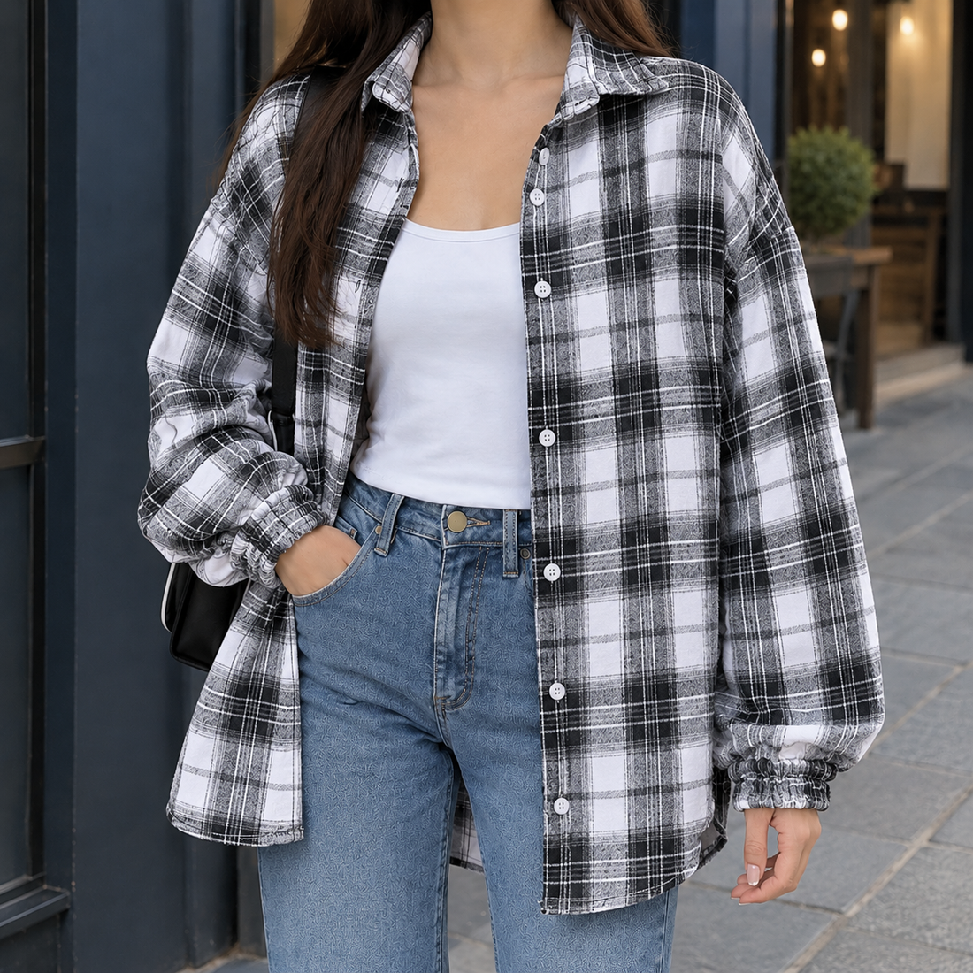 Raven-Claire Plaid Overshirt - Black And White