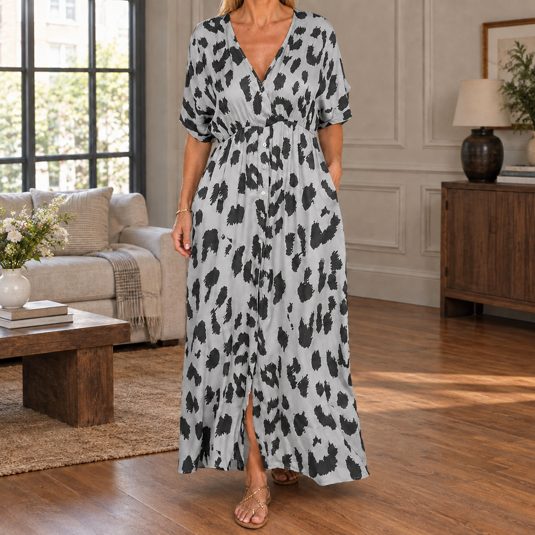 Bettina Leopard Maxi Dress - Silver