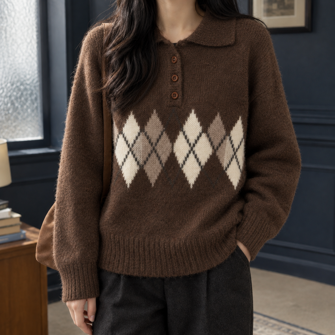 Alina-Sage Argyle Sweater - Brown