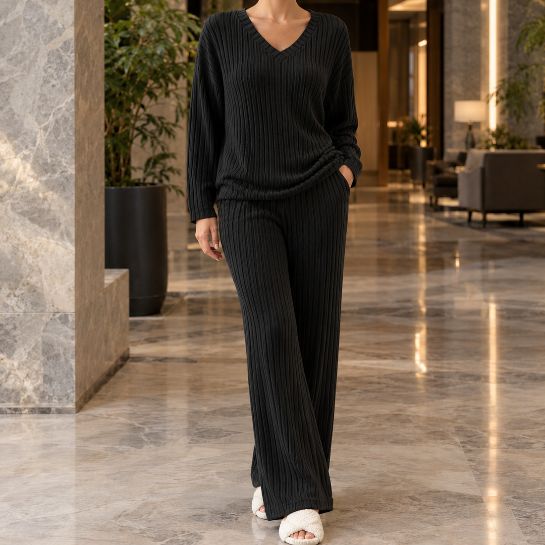Charlotte-Claire Ribbed Set - Black