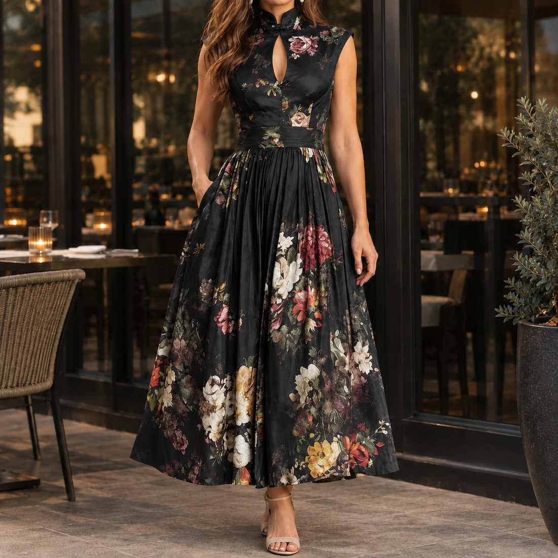 Lauren Floral A-Line Dress - Black