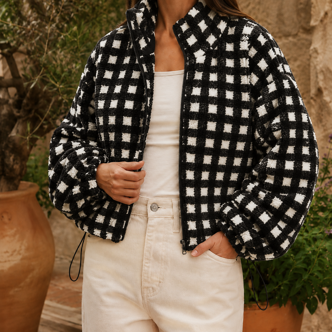 Cleo Check Fleece Jacket - Black Check