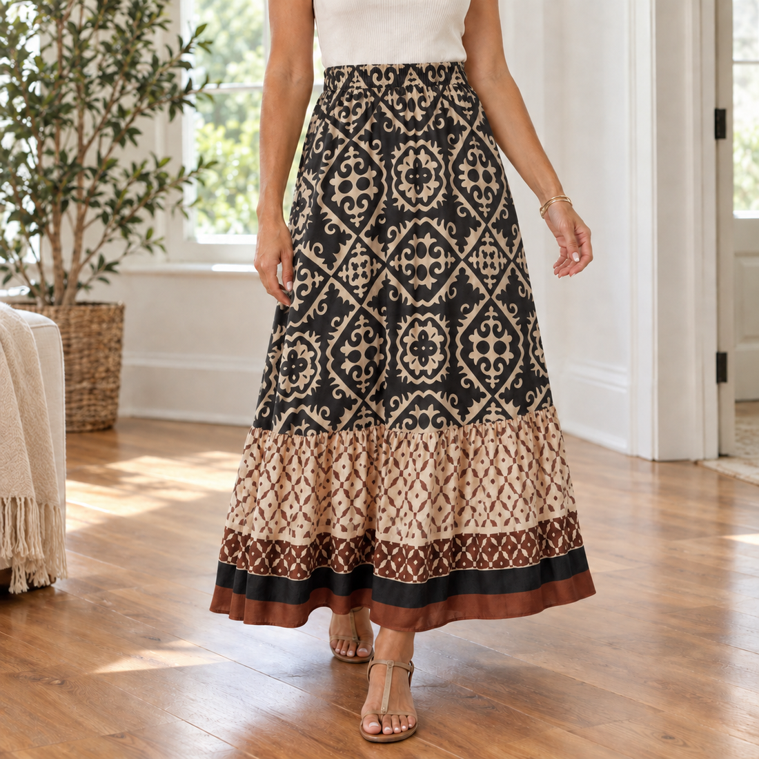 Alma Printed Maxi Skirt - Black