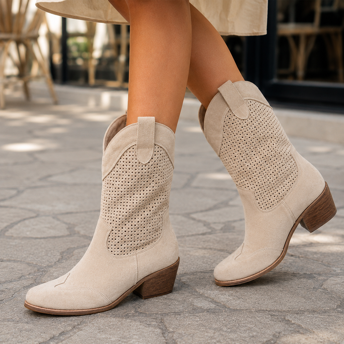 Toscano Perforated Cowboy Boots - Beige Suede