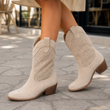 Toscano Perforated Cowboy Boots - Beige Suede