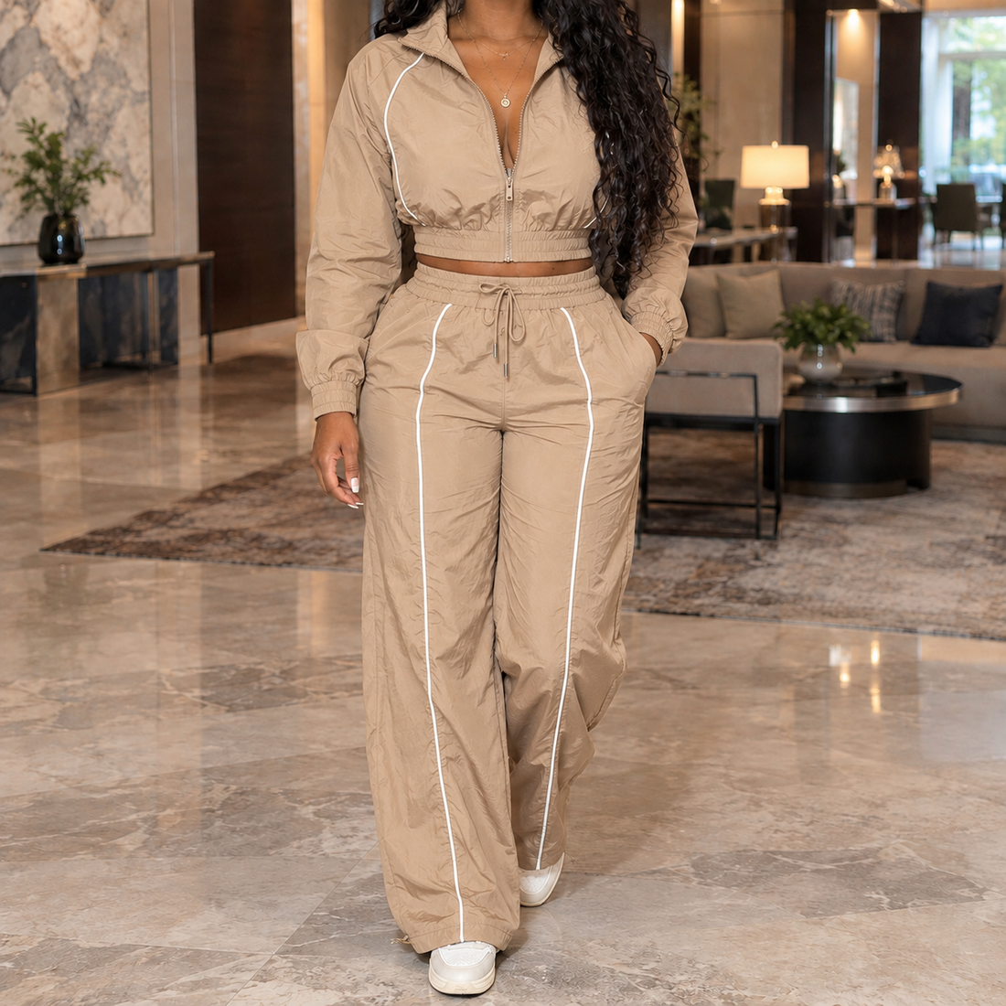 Lucille-Jane Piped Set - Khaki