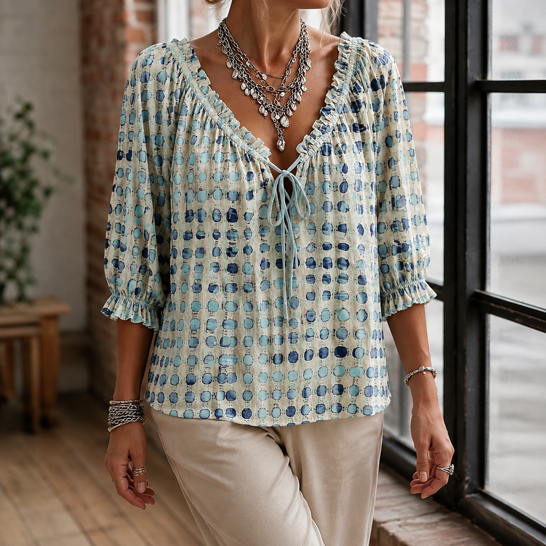 Noelle-Faye Tie Neck Blouse - Light Blue
