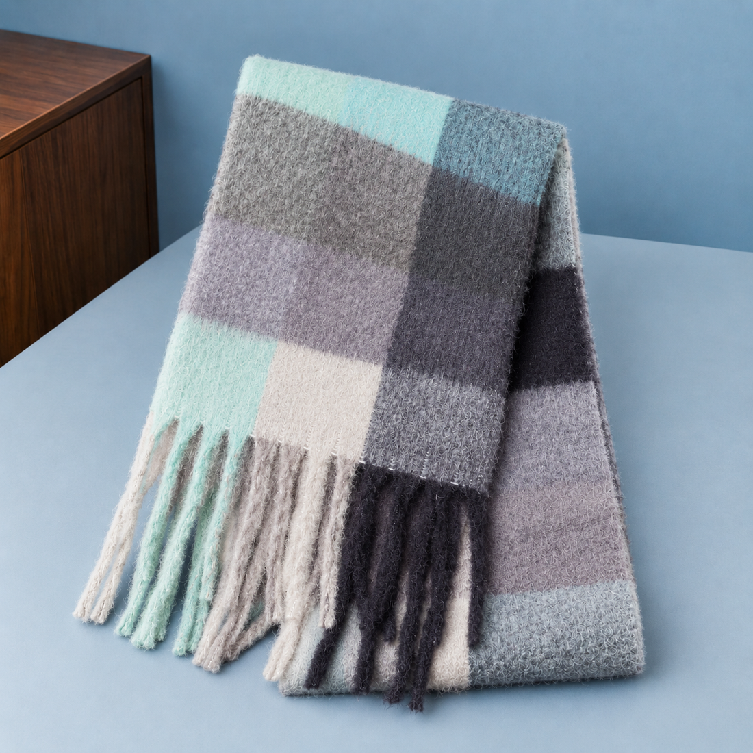 Lockwood Plaid Cashmere Scarf - Mint Charcoal