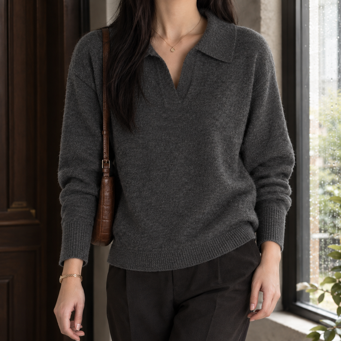 Briony-Hope Polo Collar Sweater - Dark Gray