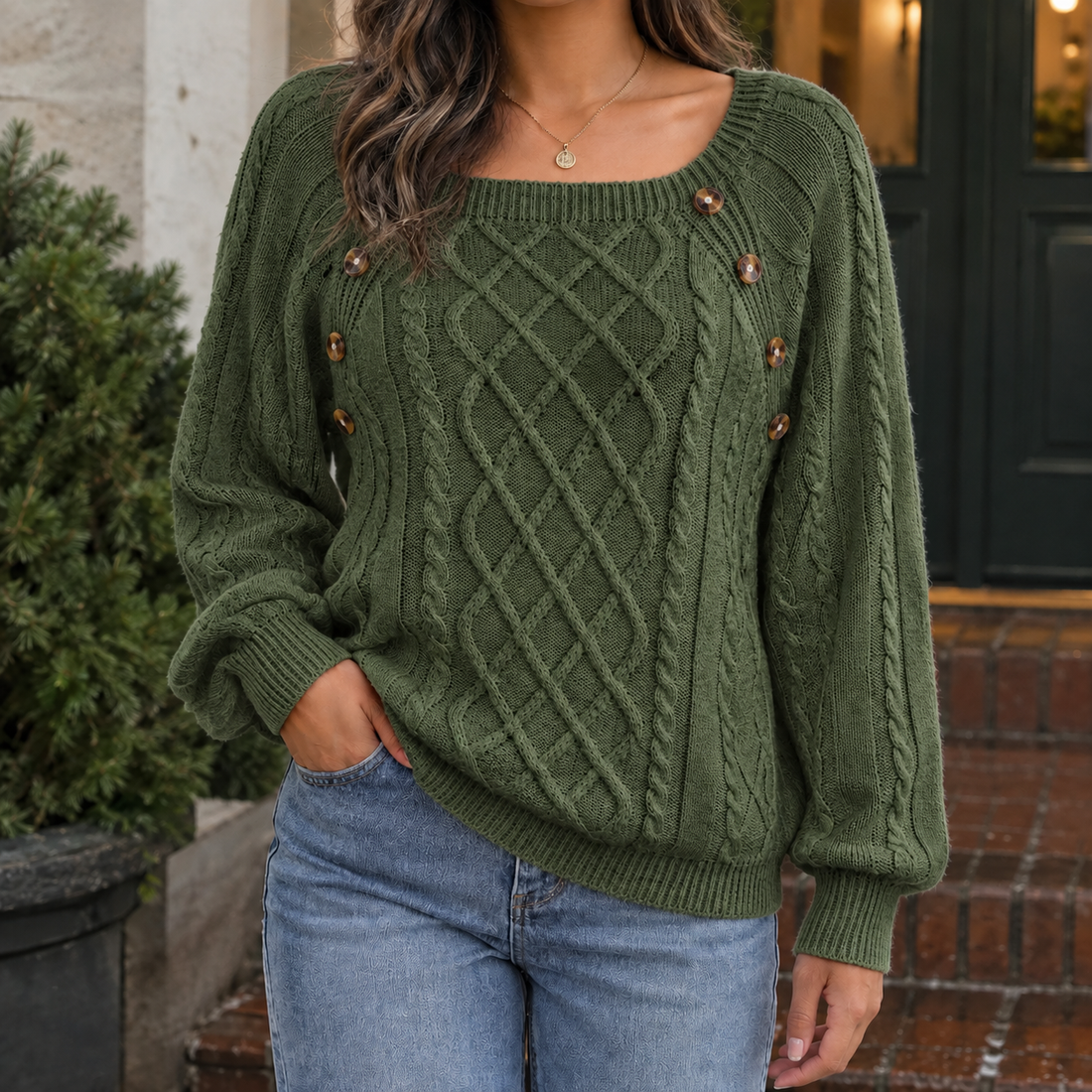 Fenna-Elise Cable Knit Sweater - Army Green