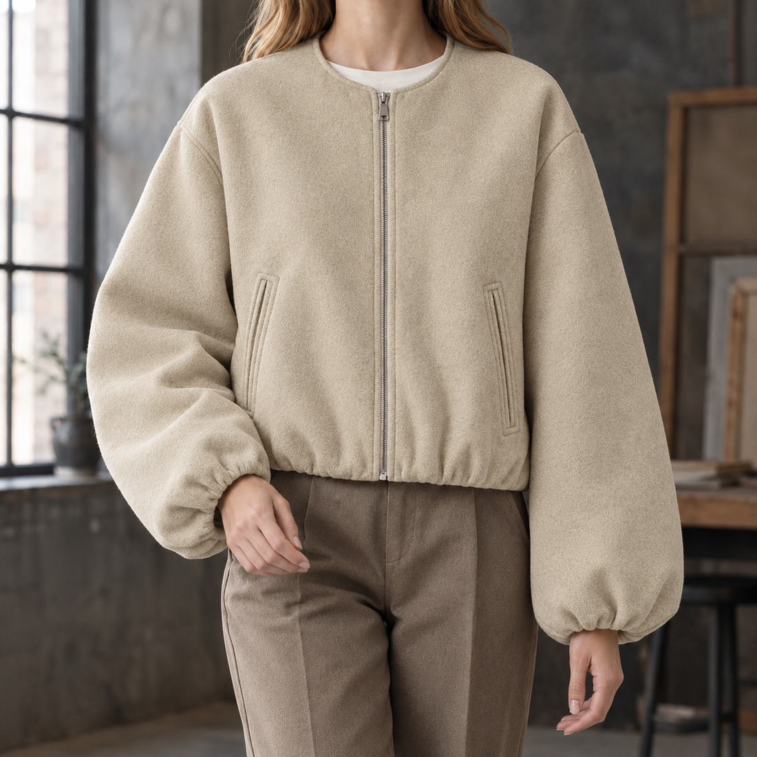 Wendy-Eve Balloon Sleeve Jacket - Khaki