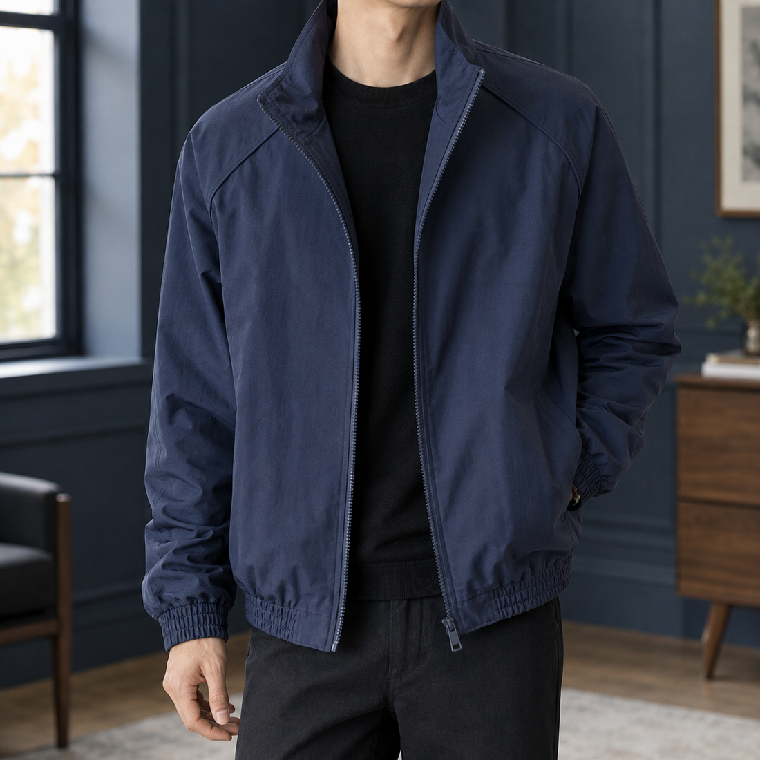 Marcus Stand Collar Jacket - Navy Blue