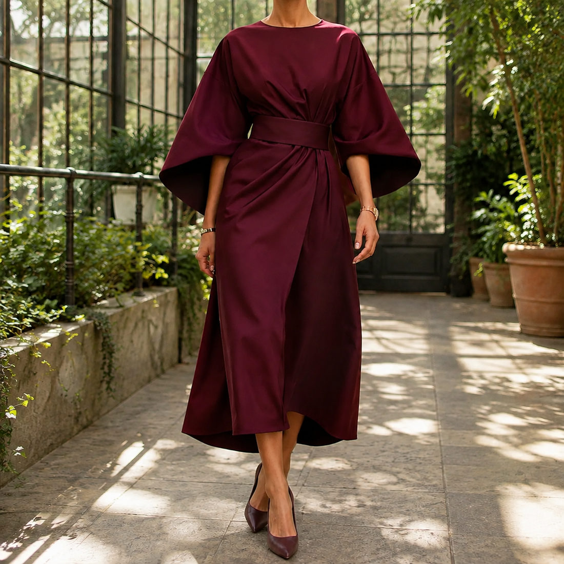 Astrid-Hope Belted Midi Dress - Burgundy