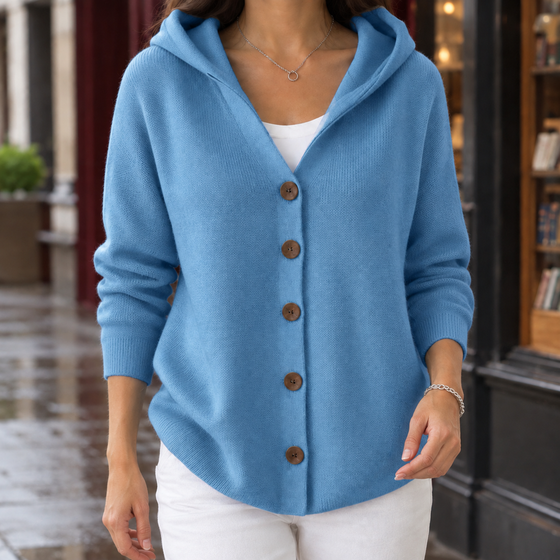 Mara-Pearl Hooded Cardigan - Peacock Blue
