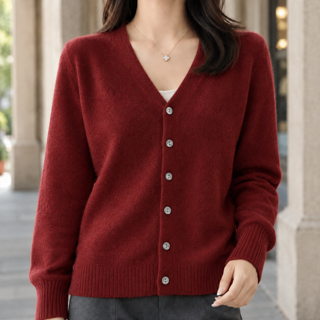 Esther-Belle V-Neck Cardigan - Wine Red