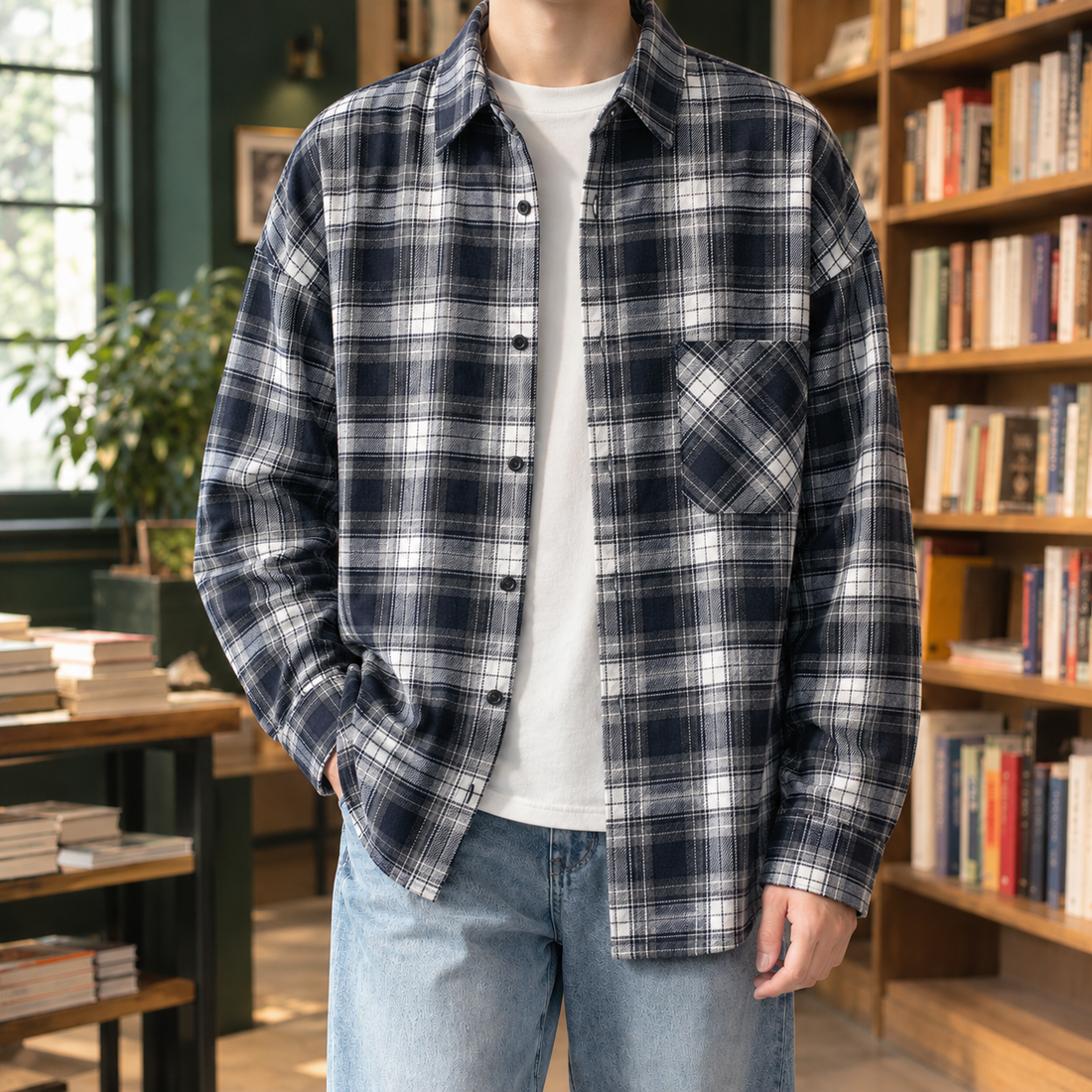 Daniel Relaxed Overshirt - Plaid Matching Navy Blue