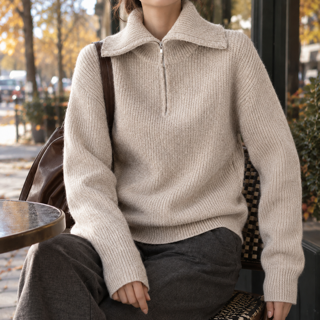 Xaviera-Sage Zip Neck Sweater - Khaki