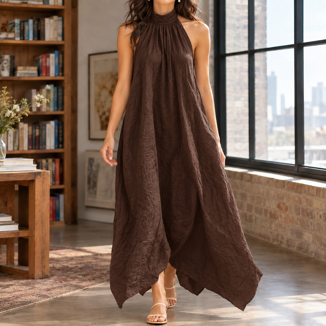 Idalia Halter Maxi Dress - Brown