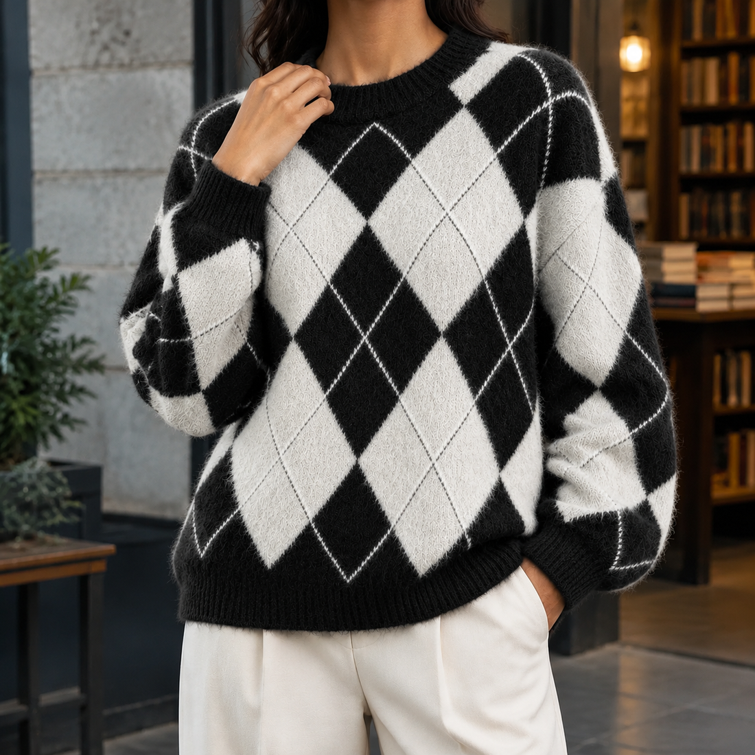 Autumn-Lane Argyle Sweater - Black