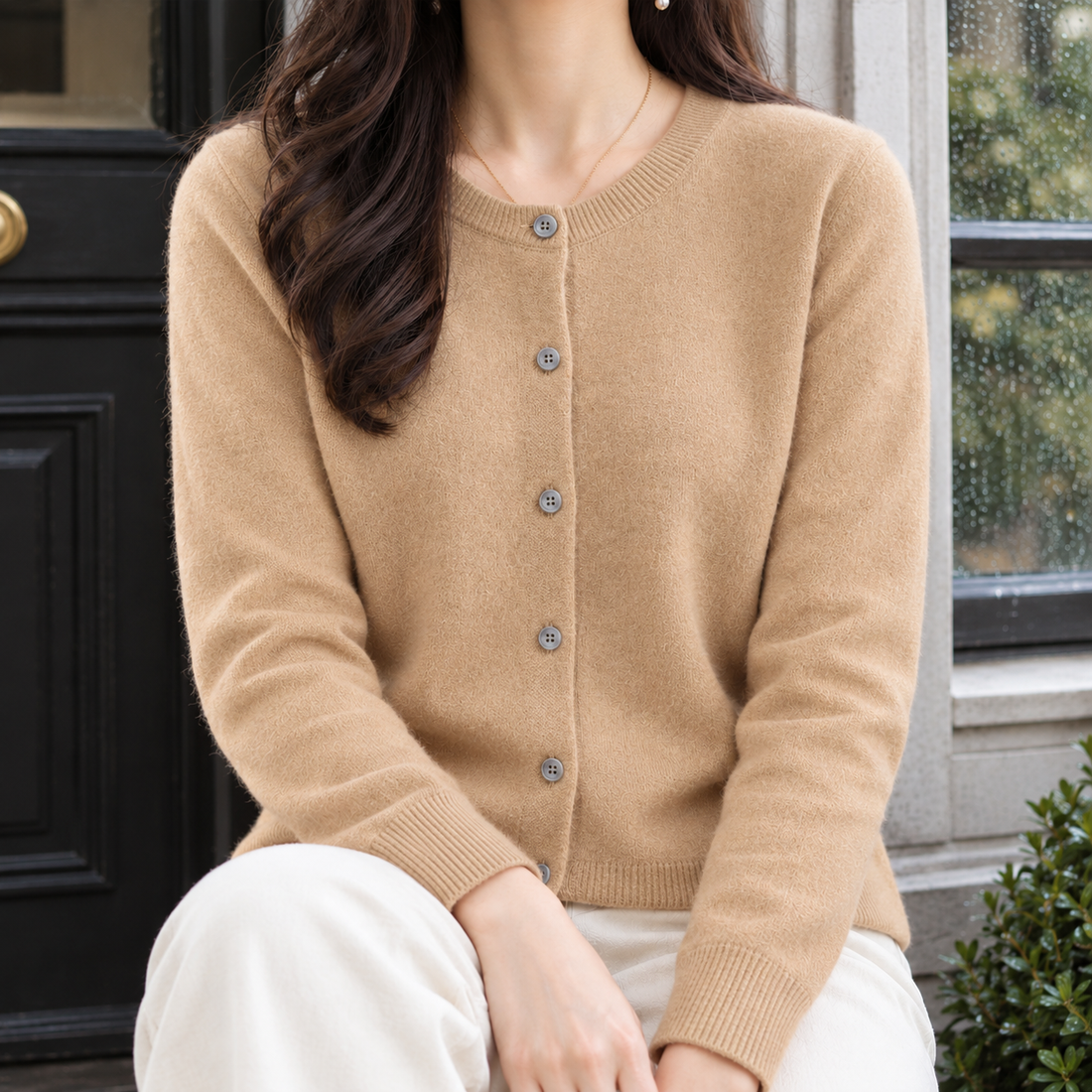 Lorelai-Sage Round Neck Cardigan - Golden Camel