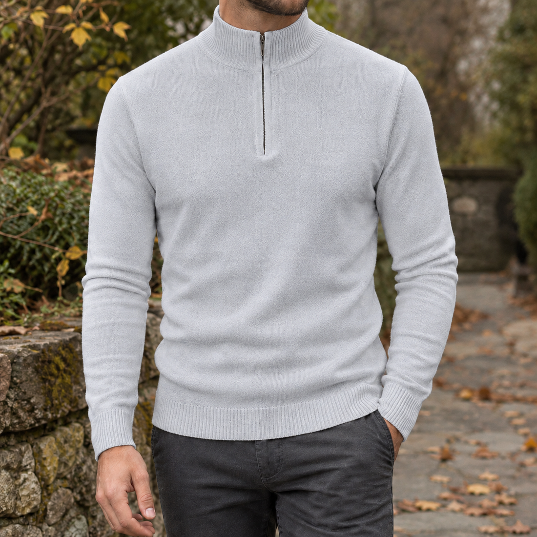 Caspian-Grey Half Zip Sweater - Light Gray
