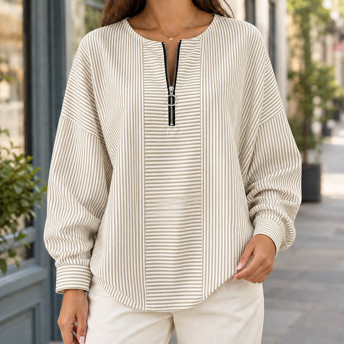 Fenella-Sage Zip Neck Top - Khaki