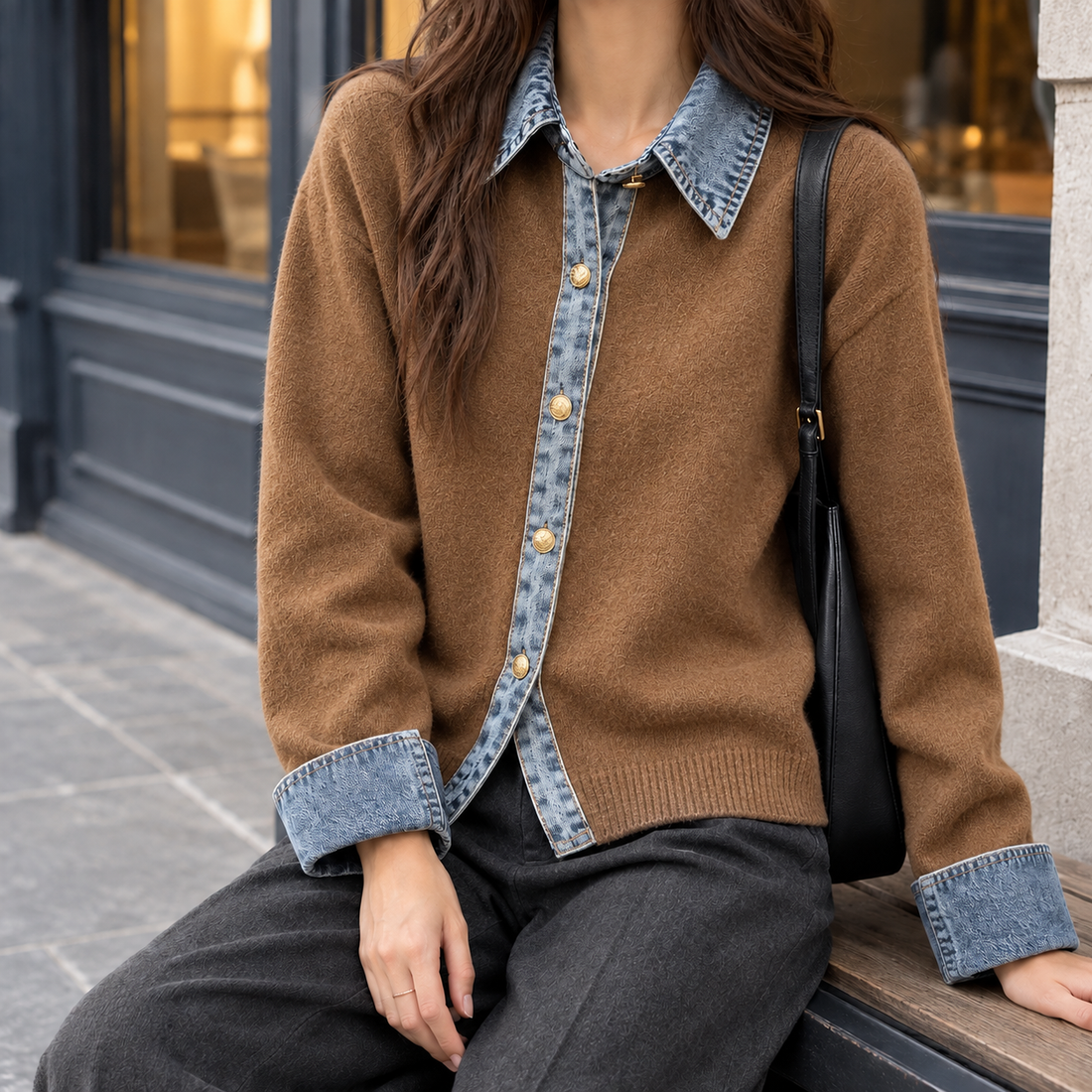 Azalea-Elise Denim Trim Cardigan - Brown