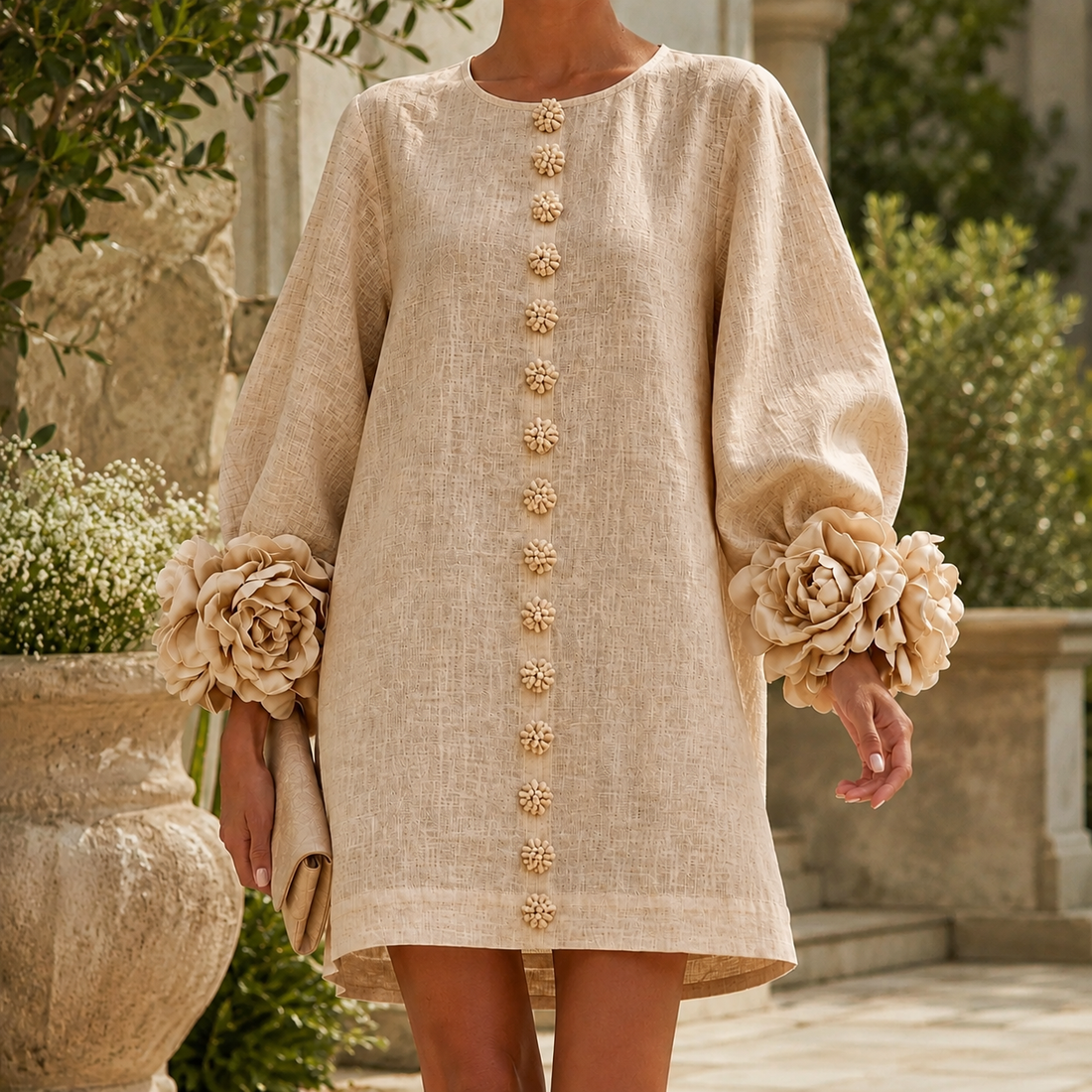 Simone Rosette Cuff Dress - Beige