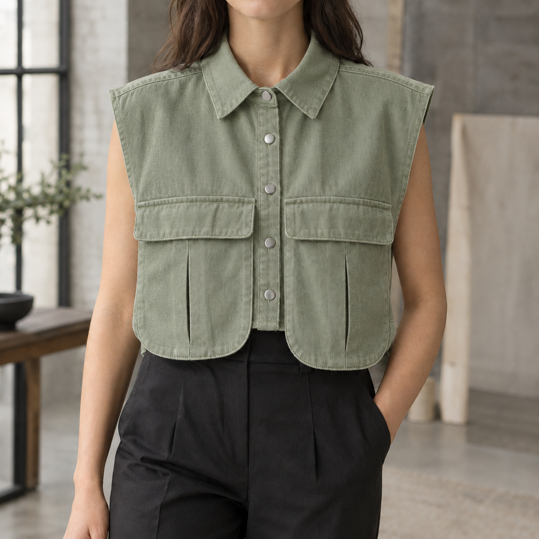 Willa-Skye Utility Denim Top - Army Green