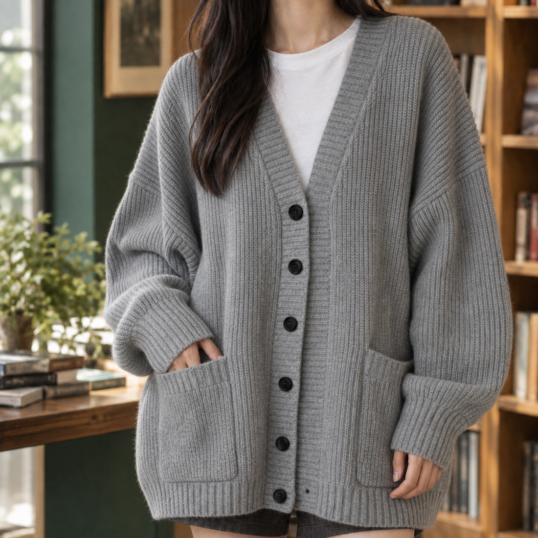 Thalia-Grace Ribbed Cardigan - Gray
