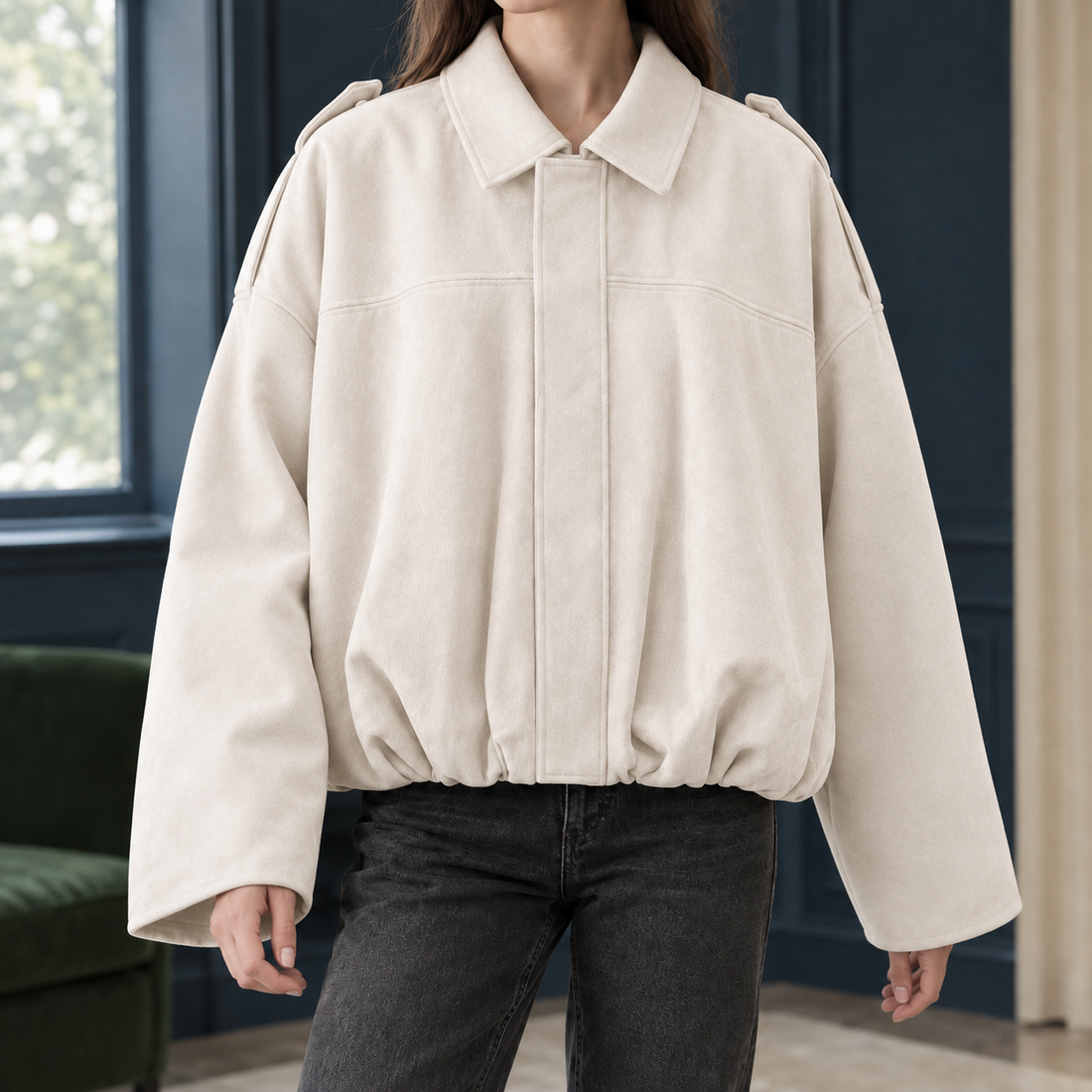 Erin Suede Bomber Jacket - Cream White