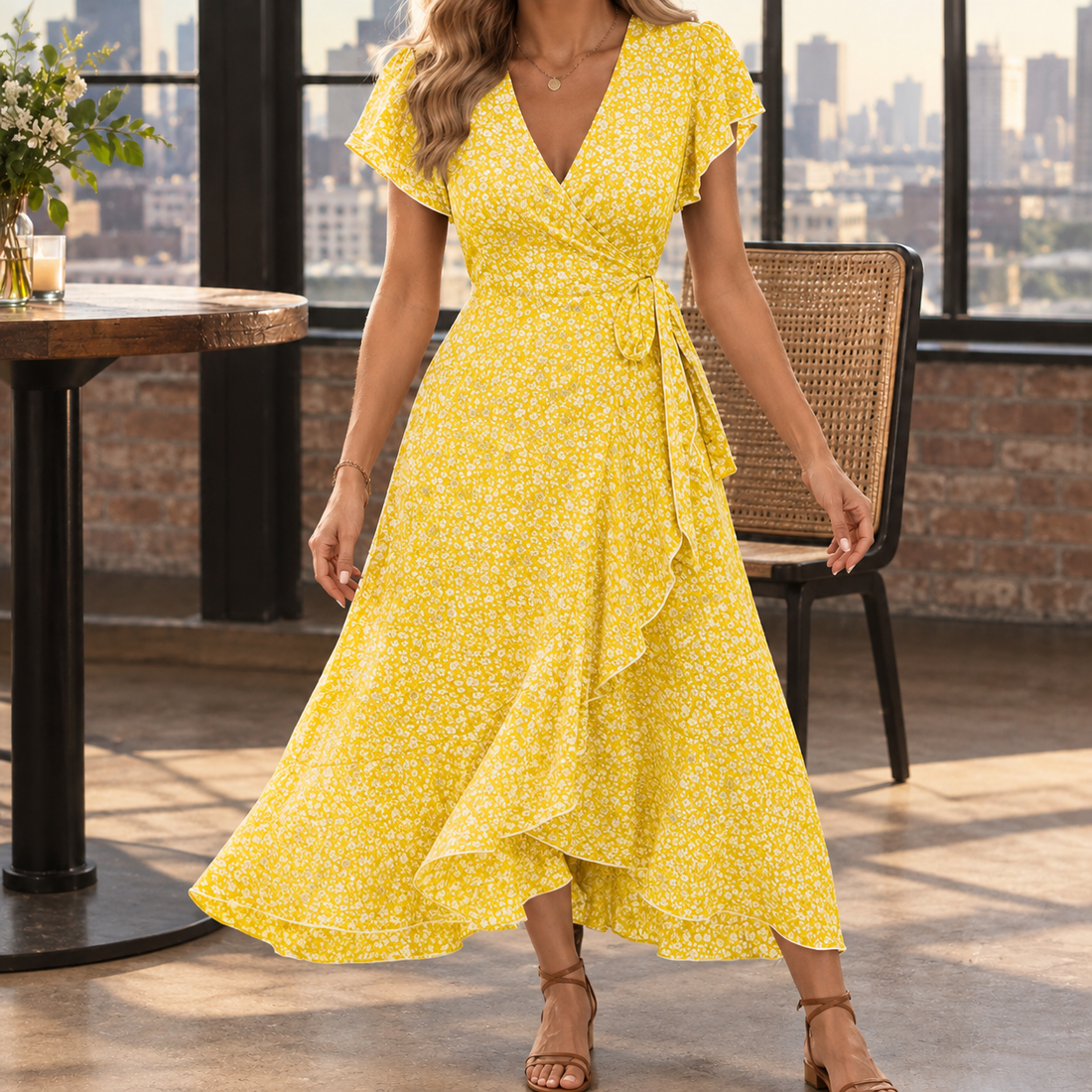 Idalia-Louise Floral Wrap Dress - Yellow