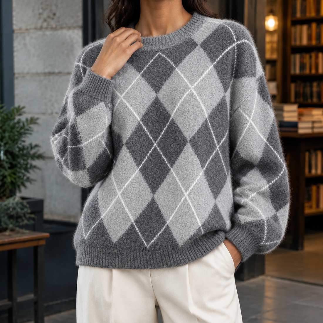 Autumn-Lane Argyle Sweater - Gray