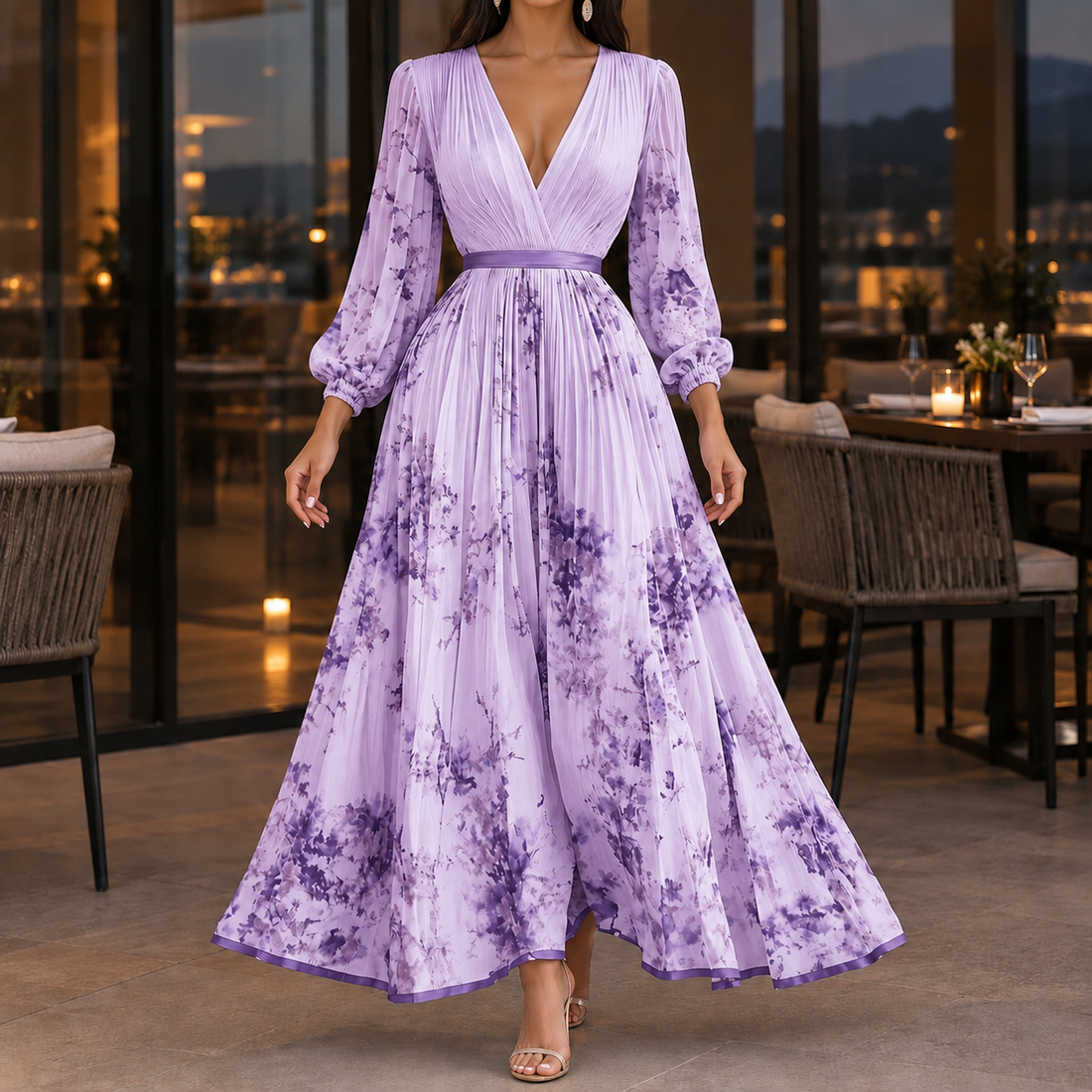 Caroline Pleated Dress - Floral Light Purple