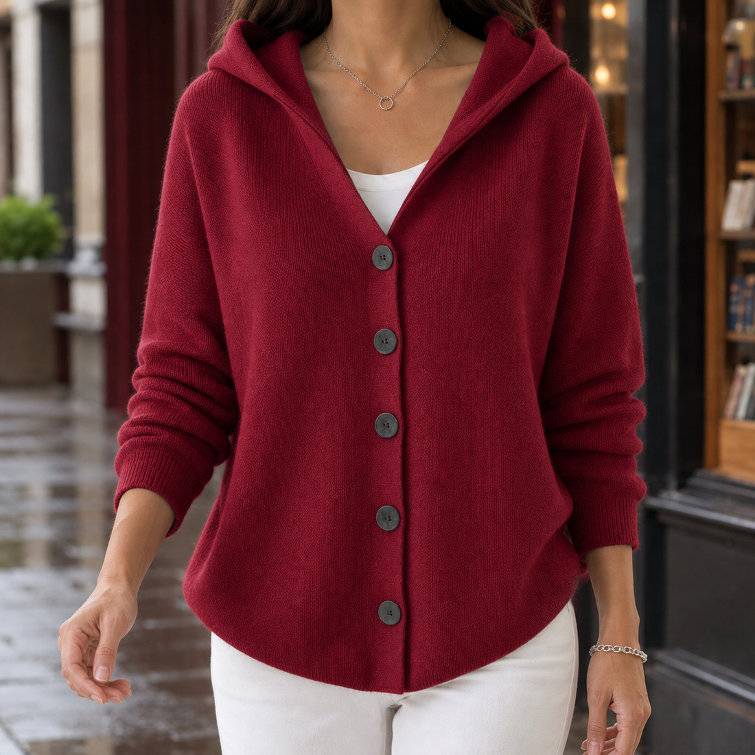 Mara-Pearl Hooded Cardigan - Wine Red