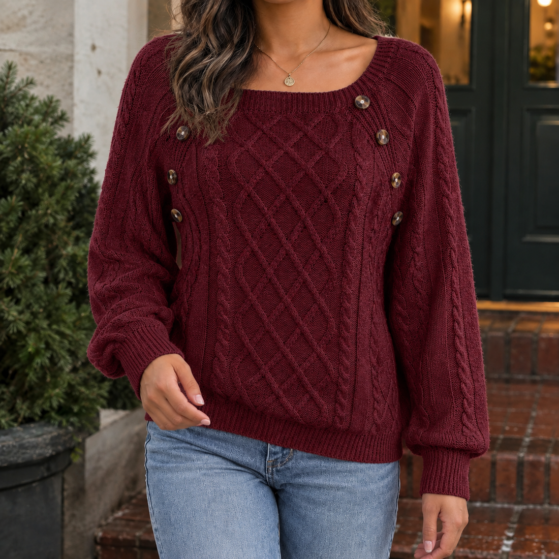 Fenna-Elise Cable Knit Sweater - Wine Red