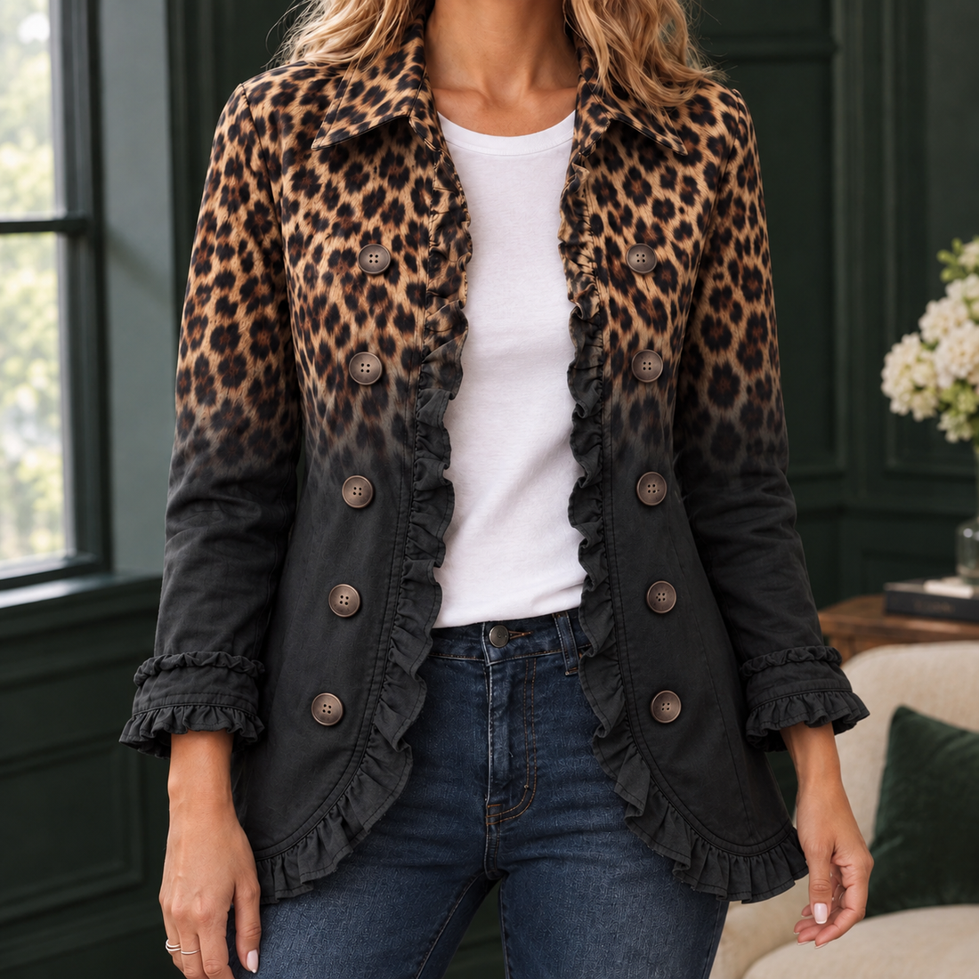 Esther Ruffled Jacket - Black Leopard