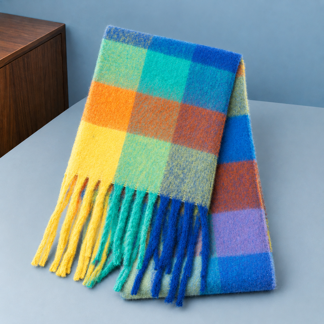 Lockwood Plaid Cashmere Scarf - Blue Yellow