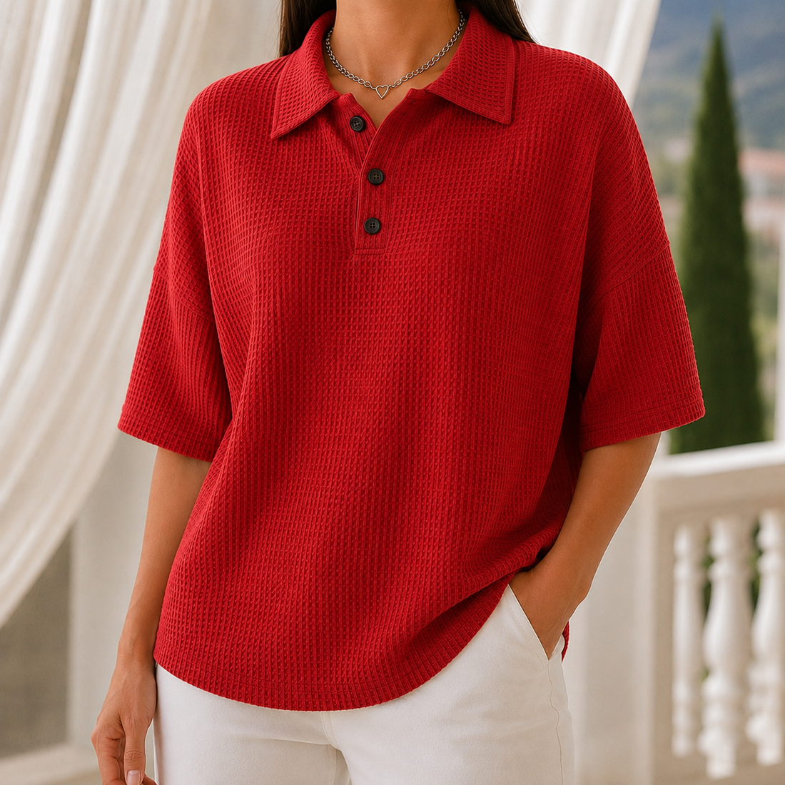 Nerissa Waffle Polo - Red