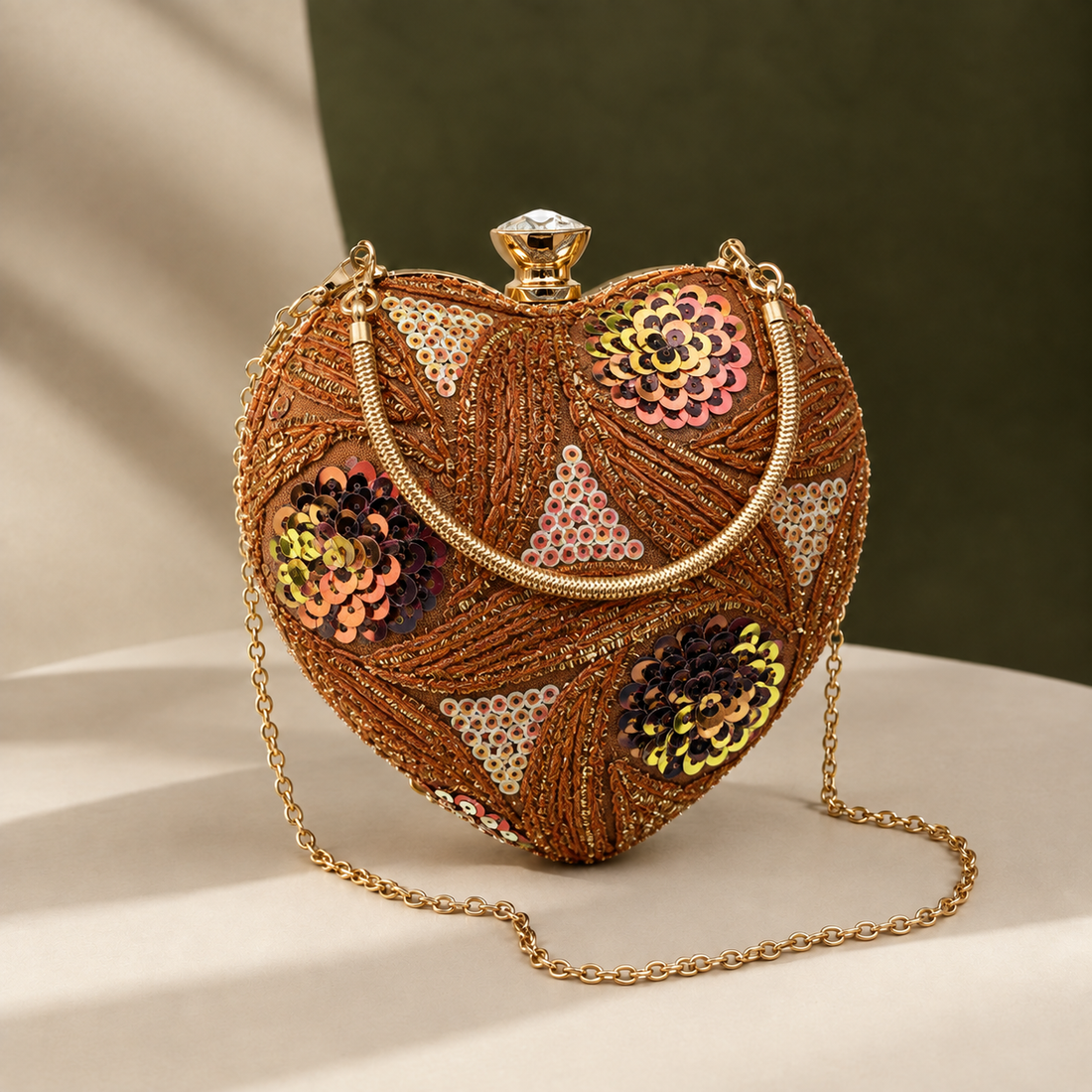 Piacenza Sequined Heart Clutch - Brown